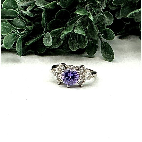 Silver Tone Ring With Purple & Clear Cubic Zirconia Stones - Picture 4 of 6
